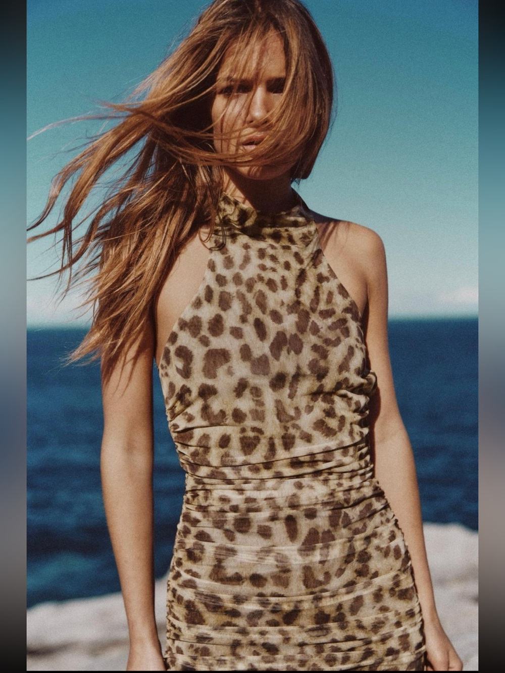 NWOT ZARA Sleeveless Leopard Print Ruched Halter Midi Dress